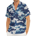 Blue And White Camouflage Print Men's Deep V-Neck Shirt