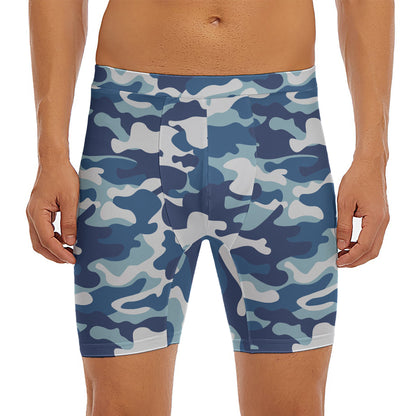 Blue And White Camouflage Print Men's Long Boxer Briefs