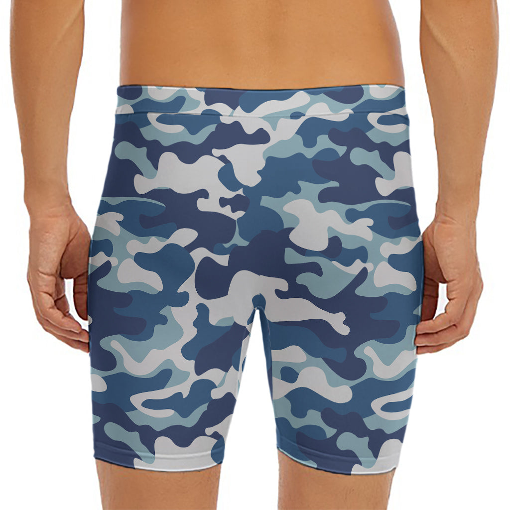 Blue And White Camouflage Print Men's Long Boxer Briefs