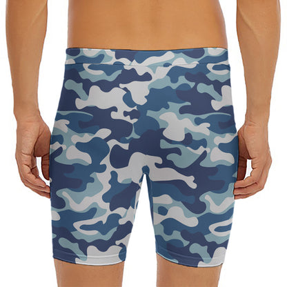 Blue And White Camouflage Print Men's Long Boxer Briefs