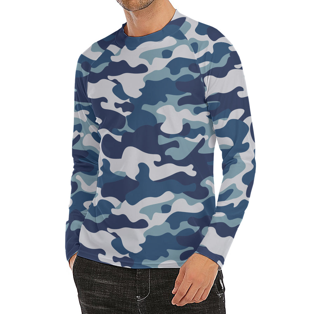 Blue And White Camouflage Print Men's Long Sleeve Rash Guard