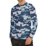Blue And White Camouflage Print Men's Long Sleeve Rash Guard