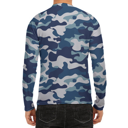 Blue And White Camouflage Print Men's Long Sleeve Rash Guard