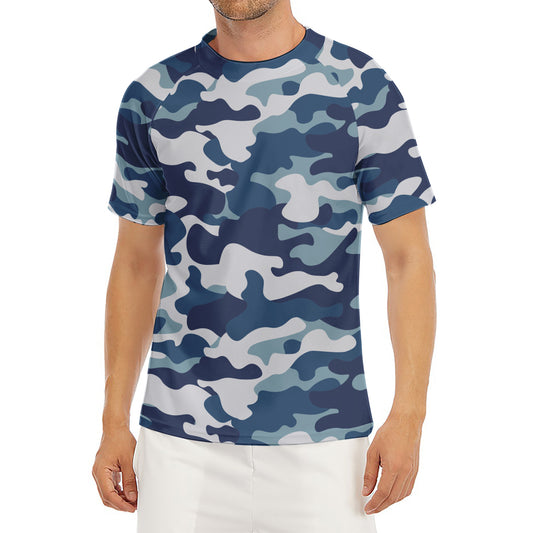Blue And White Camouflage Print Men's Short Sleeve Rash Guard