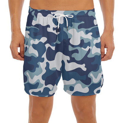 Blue And White Camouflage Print Men's Split Running Shorts
