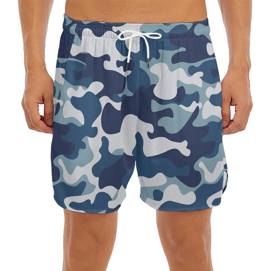 Blue And White Camouflage Print Men's Split Running Shorts
