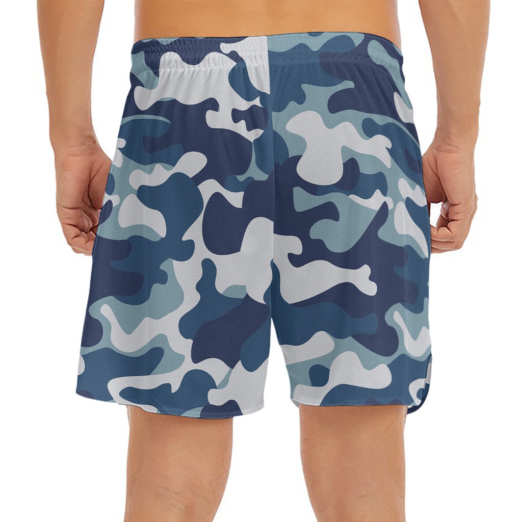 Blue And White Camouflage Print Men's Split Running Shorts