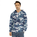Blue And White Camouflage Print Men's Velvet Pullover Hoodie