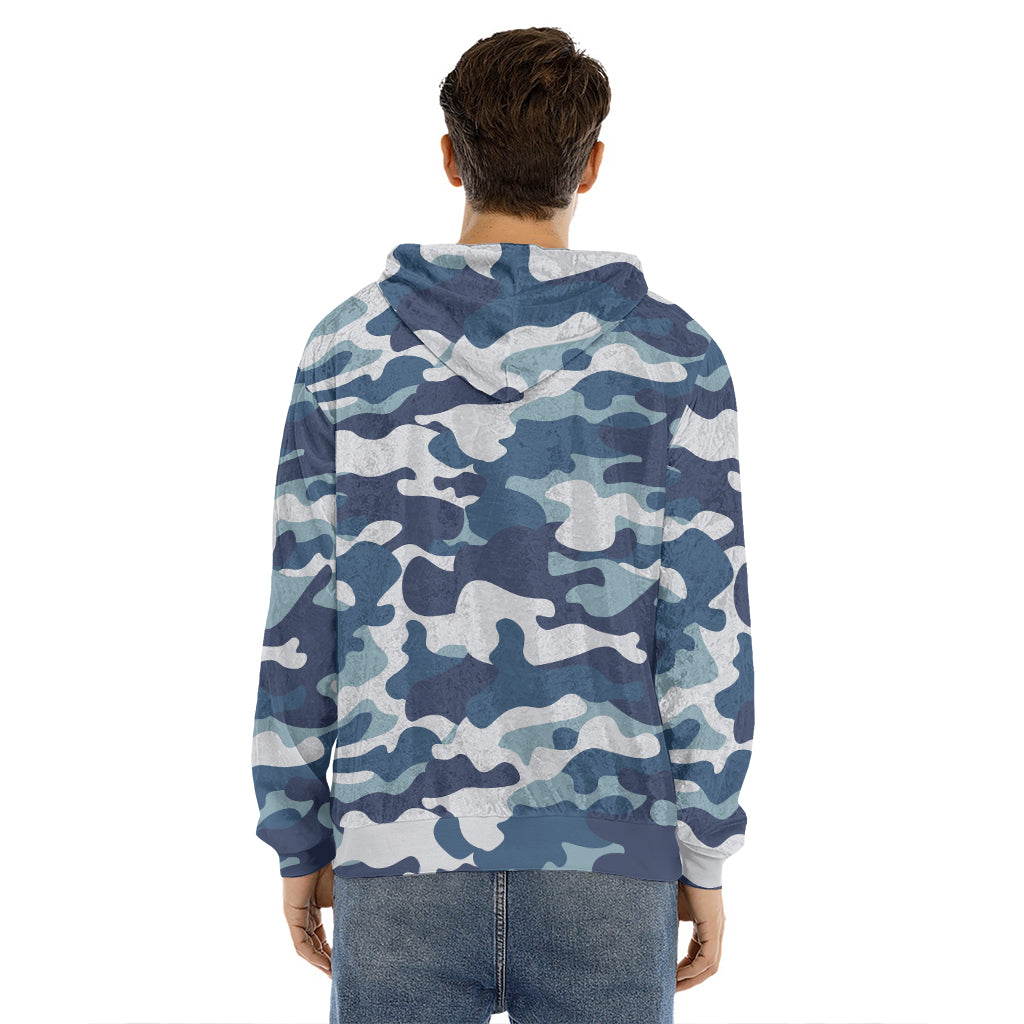Blue And White Camouflage Print Men's Velvet Pullover Hoodie