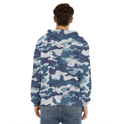 Blue And White Camouflage Print Men's Velvet Pullover Hoodie