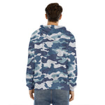 Blue And White Camouflage Print Men's Velvet Pullover Hoodie