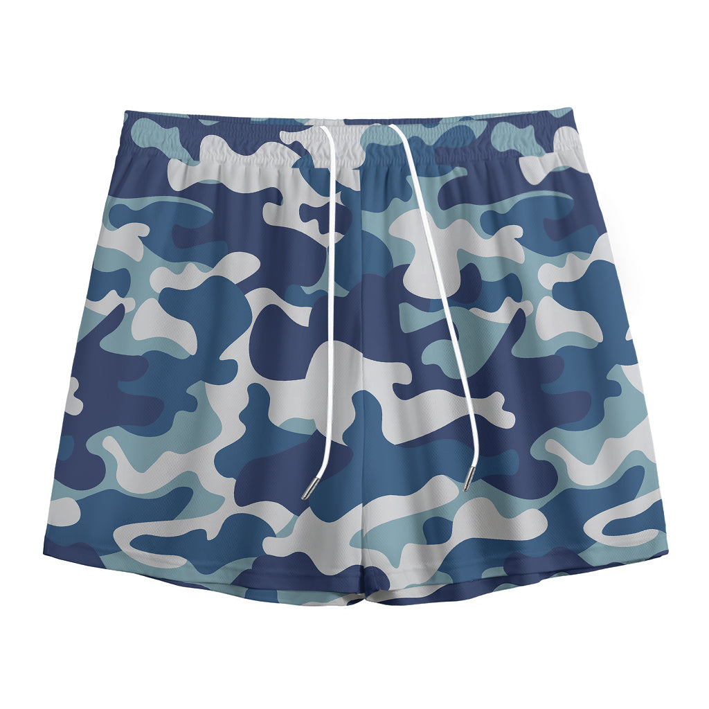 Blue And White Camouflage Print Mesh Shorts