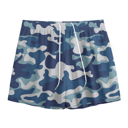 Blue And White Camouflage Print Mesh Shorts