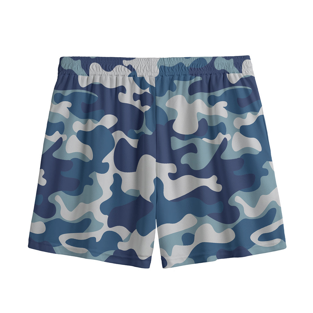 Blue And White Camouflage Print Mesh Shorts