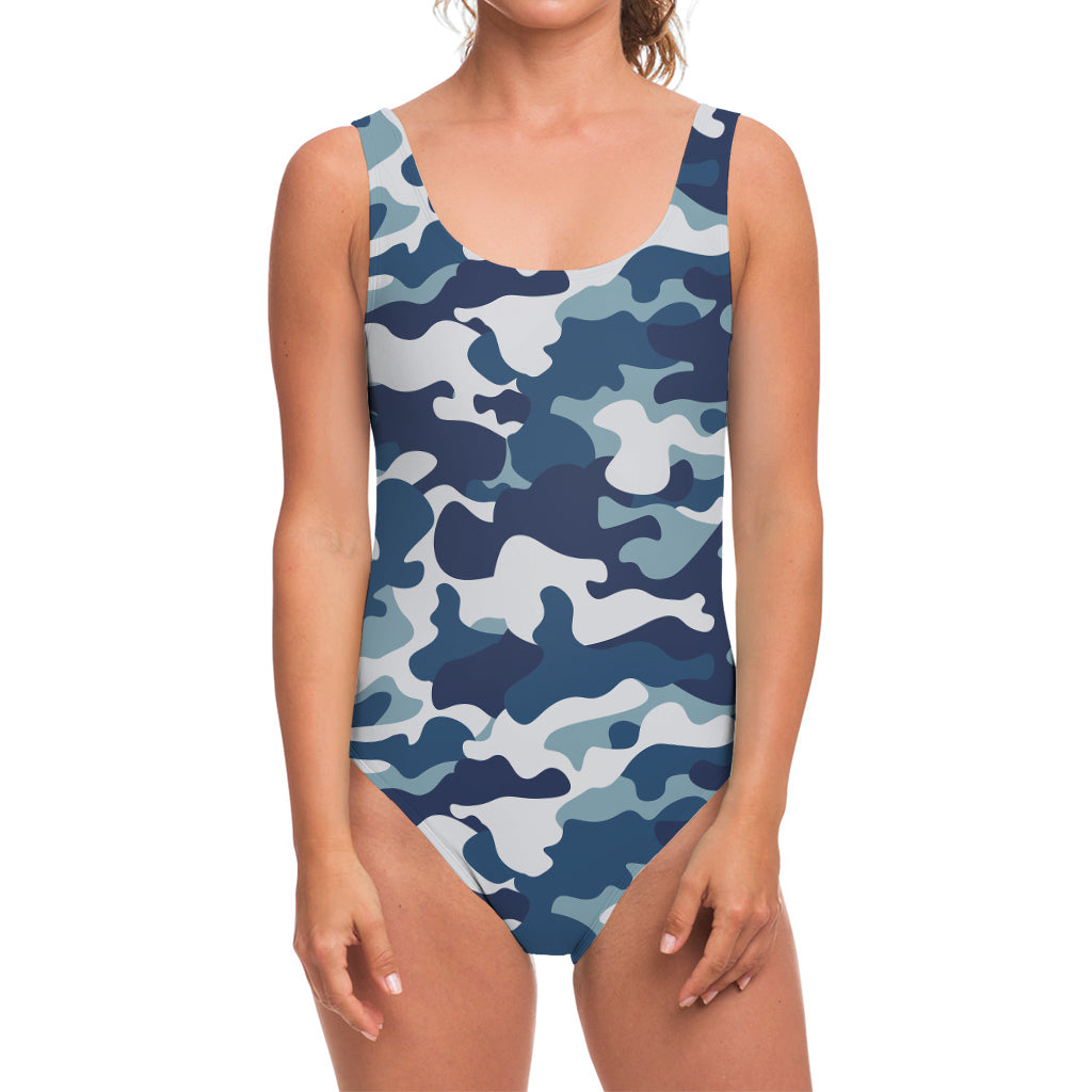 Blue And White Camouflage Print One Piece Swimsuit