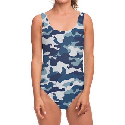 Blue And White Camouflage Print One Piece Swimsuit