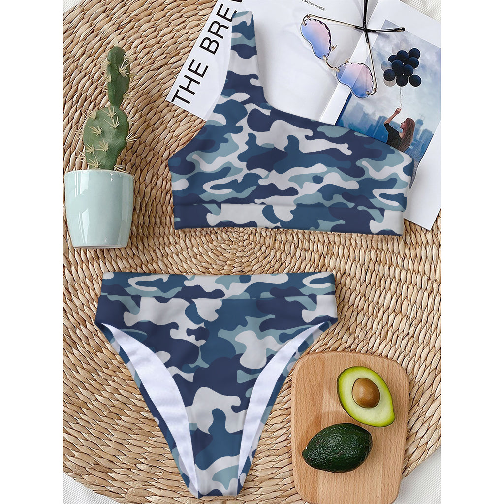 Blue And White Camouflage Print One Shoulder Bikini Top