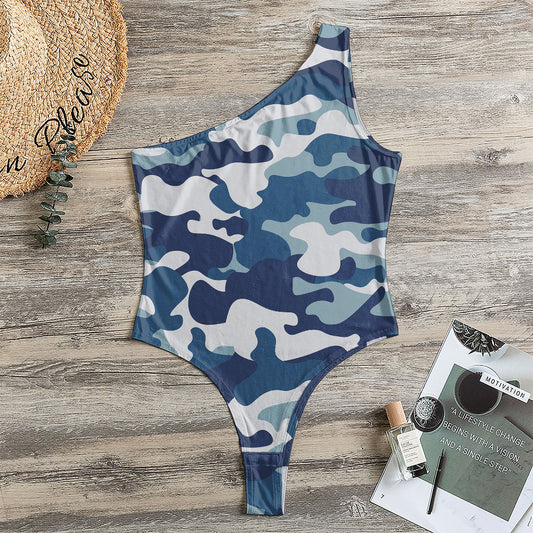 Blue And White Camouflage Print One Shoulder Bodysuit