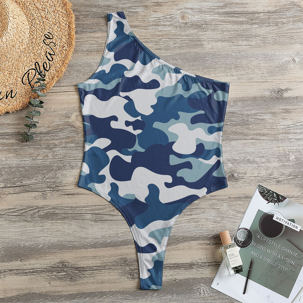 Blue And White Camouflage Print One Shoulder Bodysuit