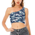 Blue And White Camouflage Print One Shoulder Crop Top