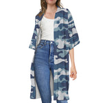 Blue And White Camouflage Print Open Front Beach Cover Up
