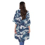 Blue And White Camouflage Print Open Front Beach Cover Up