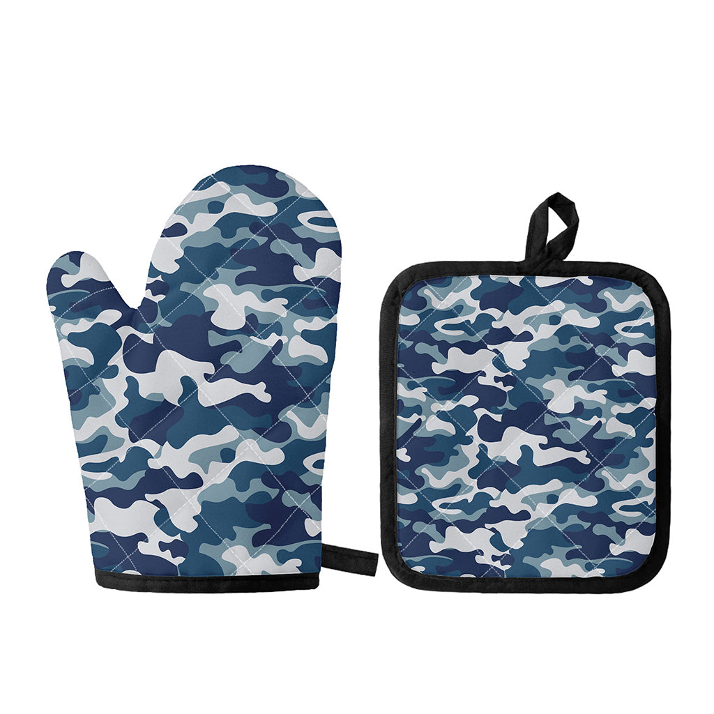 Blue And White Camouflage Print Oven Mitt And Pot Holder Set