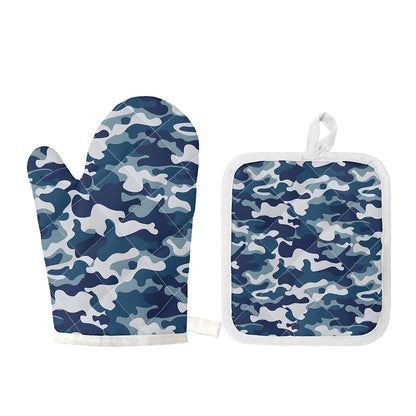 Blue And White Camouflage Print Oven Mitt And Pot Holder Set