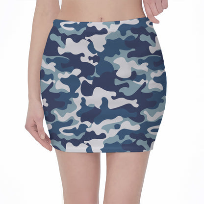 Blue And White Camouflage Print Pencil Mini Skirt