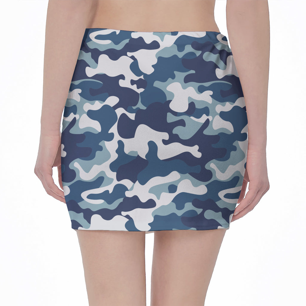 Blue And White Camouflage Print Pencil Mini Skirt