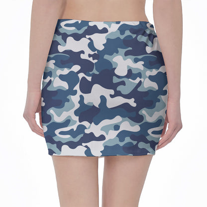 Blue And White Camouflage Print Pencil Mini Skirt