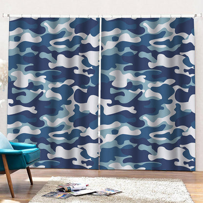 Blue And White Camouflage Print Pencil Pleat Curtains