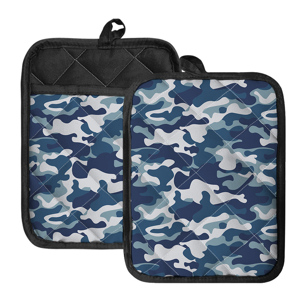 Blue And White Camouflage Print Pot Holders With Pocket