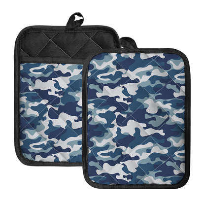 Blue And White Camouflage Print Pot Holders With Pocket