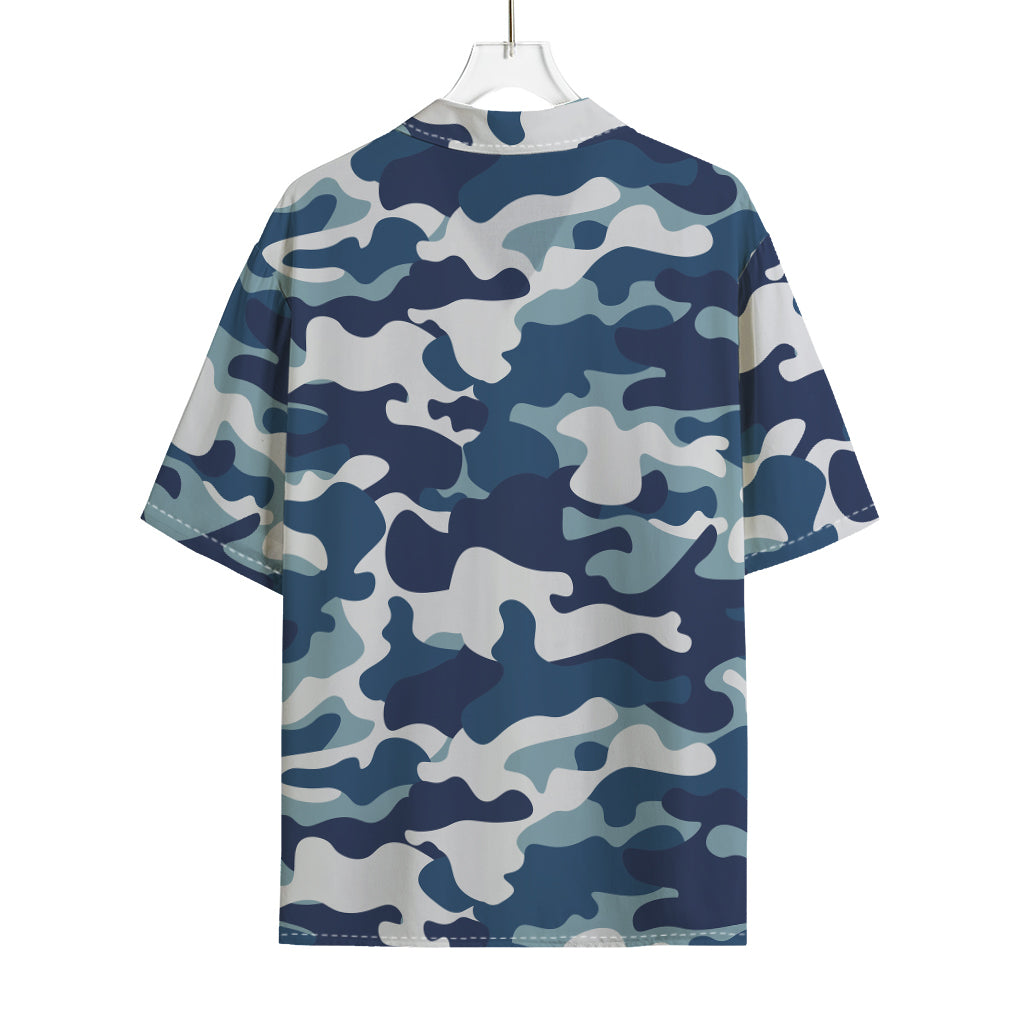 Blue And White Camouflage Print Rayon Hawaiian Shirt