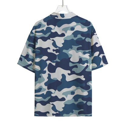 Blue And White Camouflage Print Rayon Hawaiian Shirt