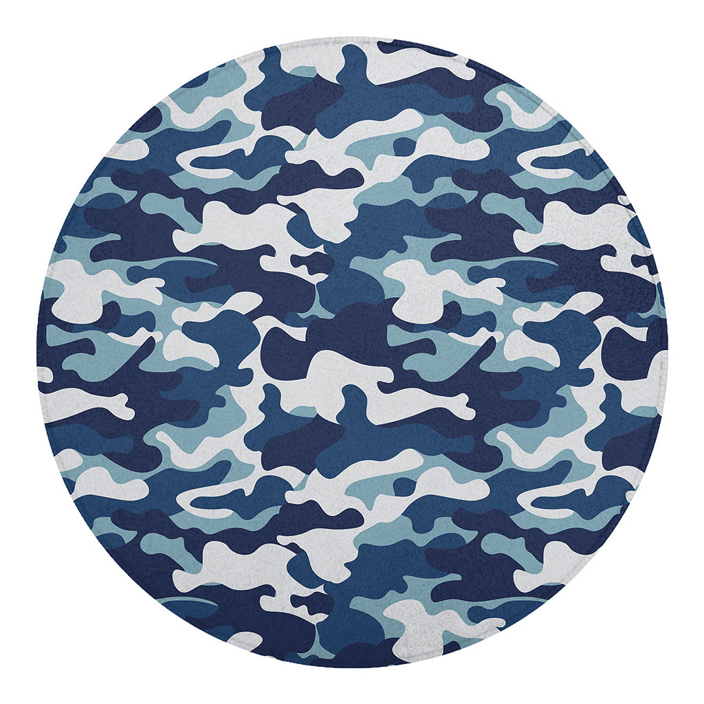 Blue And White Camouflage Print Round Blanket