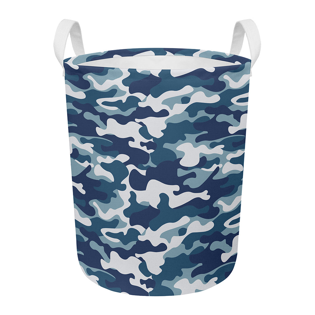 Blue And White Camouflage Print Round Laundry Basket