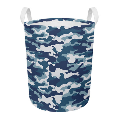 Blue And White Camouflage Print Round Laundry Basket