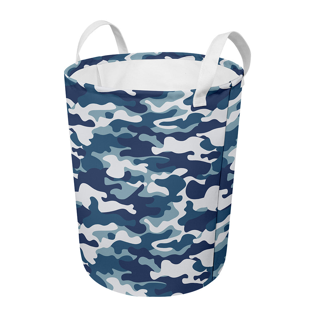 Blue And White Camouflage Print Round Laundry Basket