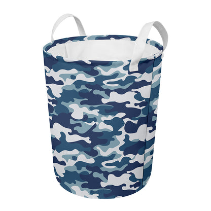 Blue And White Camouflage Print Round Laundry Basket