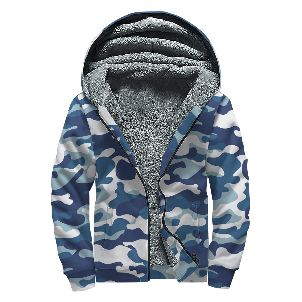 Blue And White Camouflage Print Sherpa Lined Zip Up Hoodie