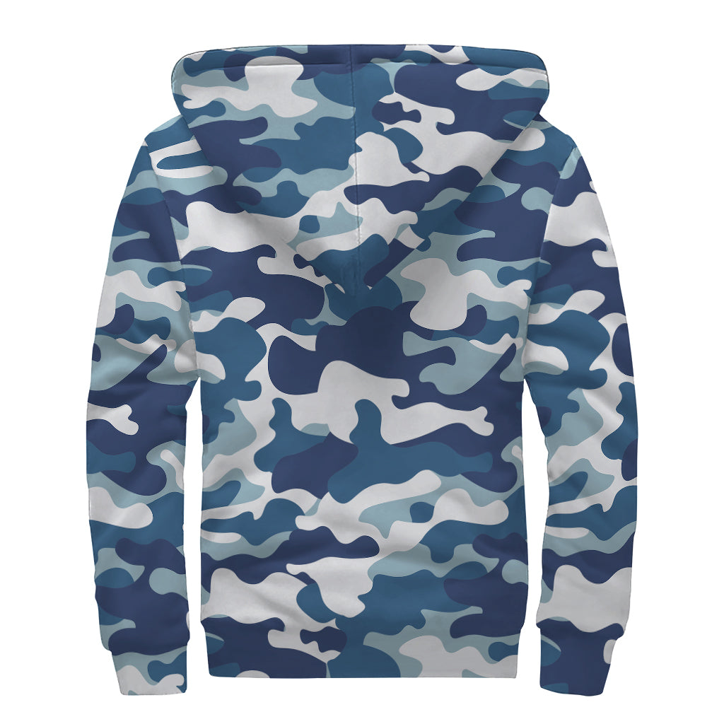 Blue And White Camouflage Print Sherpa Lined Zip Up Hoodie