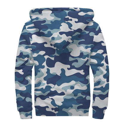 Blue And White Camouflage Print Sherpa Lined Zip Up Hoodie