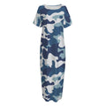 Blue And White Camouflage Print Short Sleeve Long Nightdress