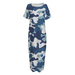 Blue And White Camouflage Print Short Sleeve Long Nightdress