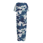 Blue And White Camouflage Print Short Sleeve Long Nightdress