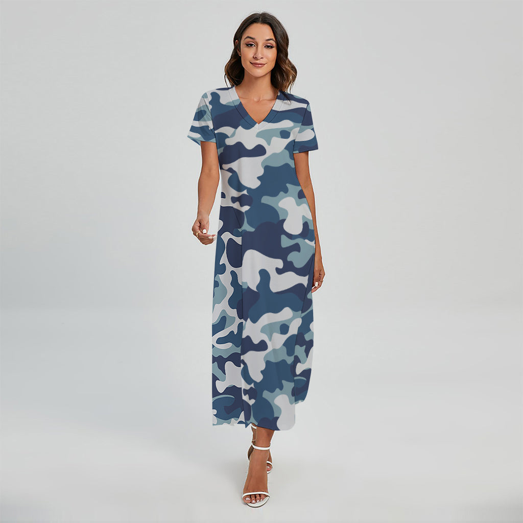 Blue And White Camouflage Print Short Sleeve Maxi Dress
