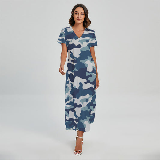 Blue And White Camouflage Print Short Sleeve Maxi Dress
