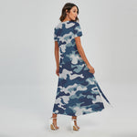 Blue And White Camouflage Print Short Sleeve Maxi Dress